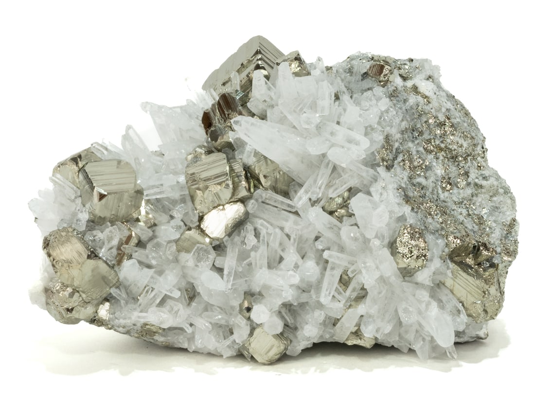 Top-notch Pyrite and Quartz Formation: Stunning, top-quality pyrite and quartz formation from the Huanzala Mine in Ancash, Peru. 5.75” x 8.5 x 5.25”. 12 lbs, 1 ounce.