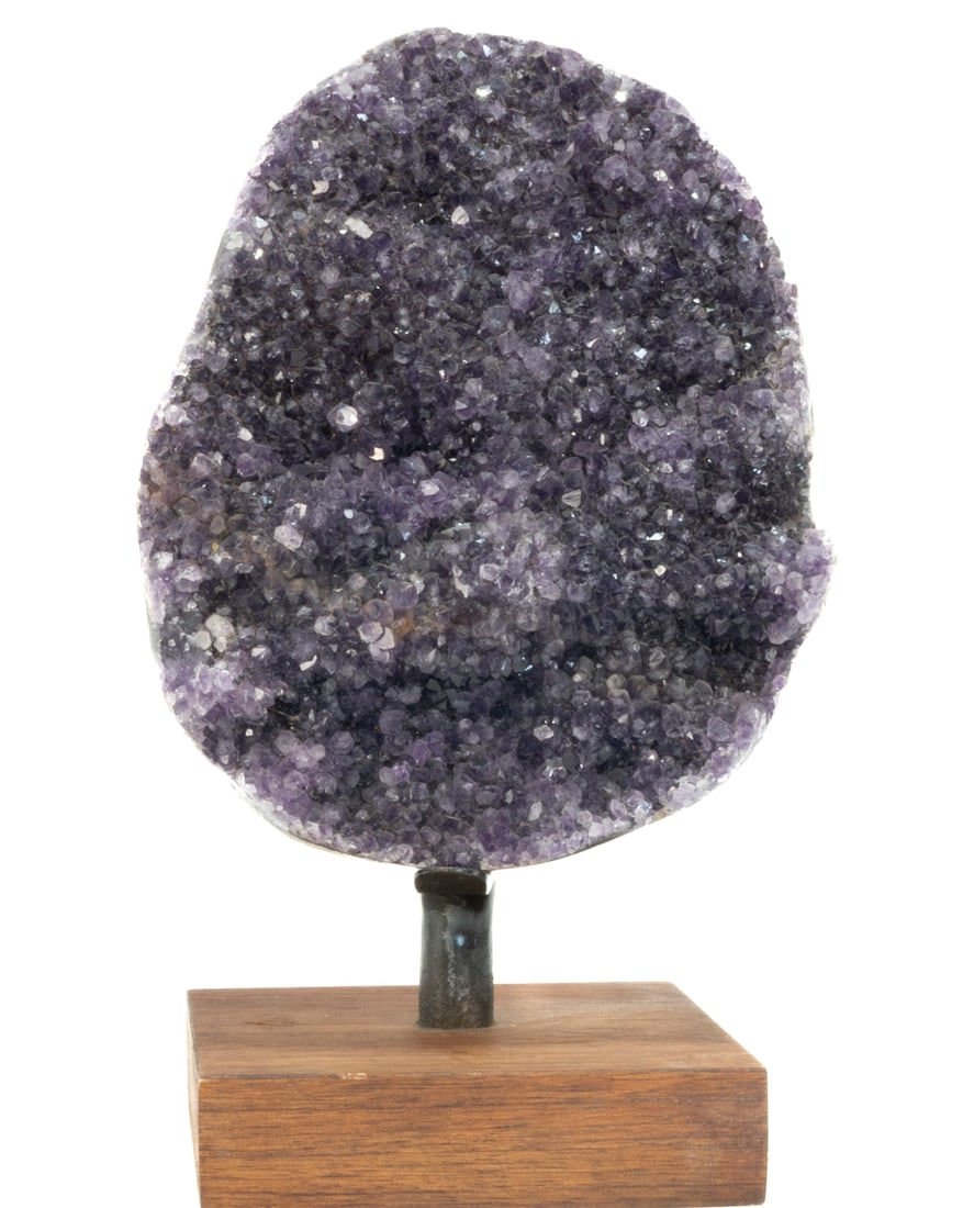 Uruguayan Amethyst Cluster on Custom Wood Stand: High quality Uruguayan amethyst cluster on custom wood stand. 11.5" x 7" x 5". 7 lbs, 14 oz.