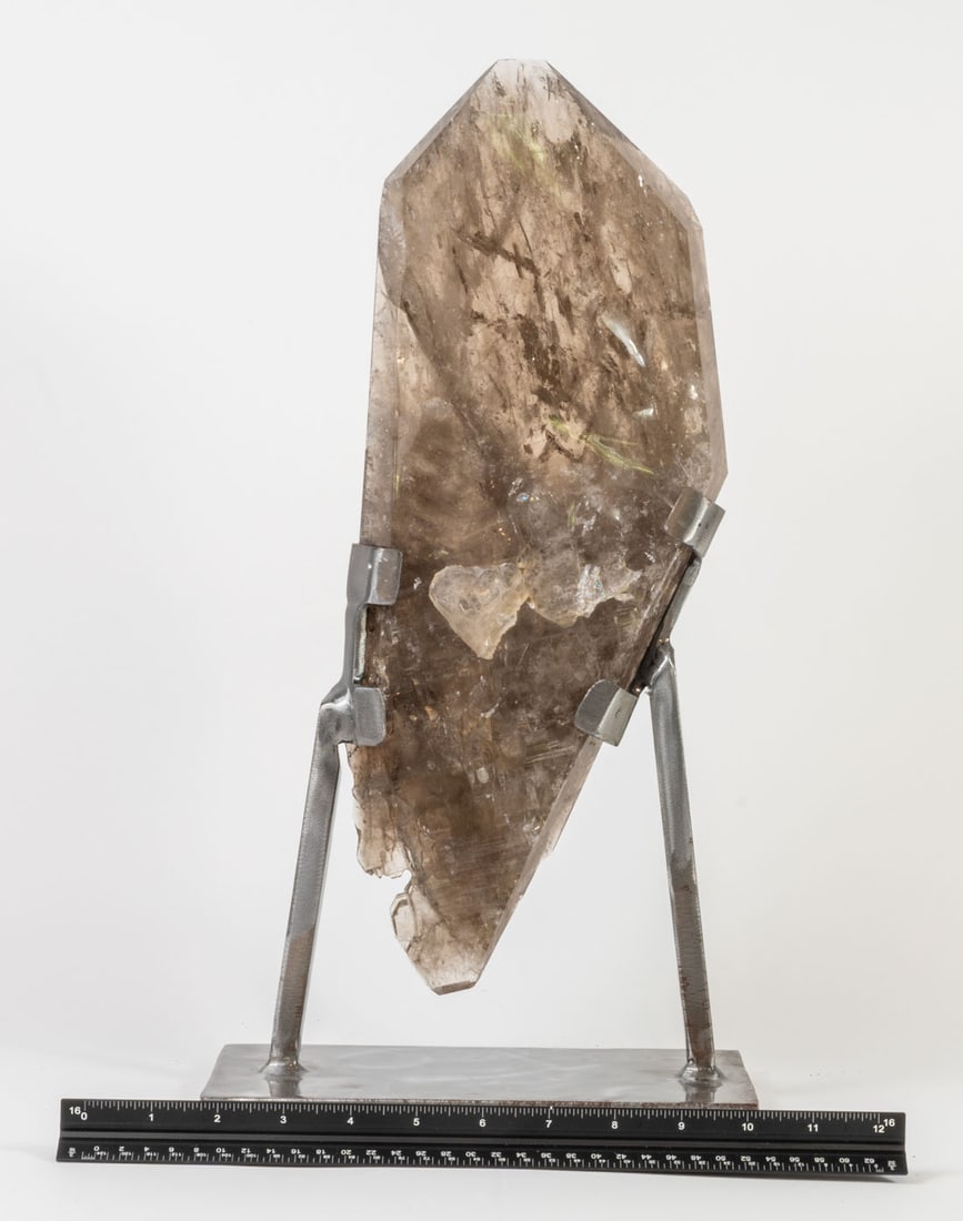 Smoky Quartz Crystal on Custom Steel Stand: Magnificent smoky quartz crystal on custom steel stand. 17.25" x 9" x 5". 12.9 lbs.