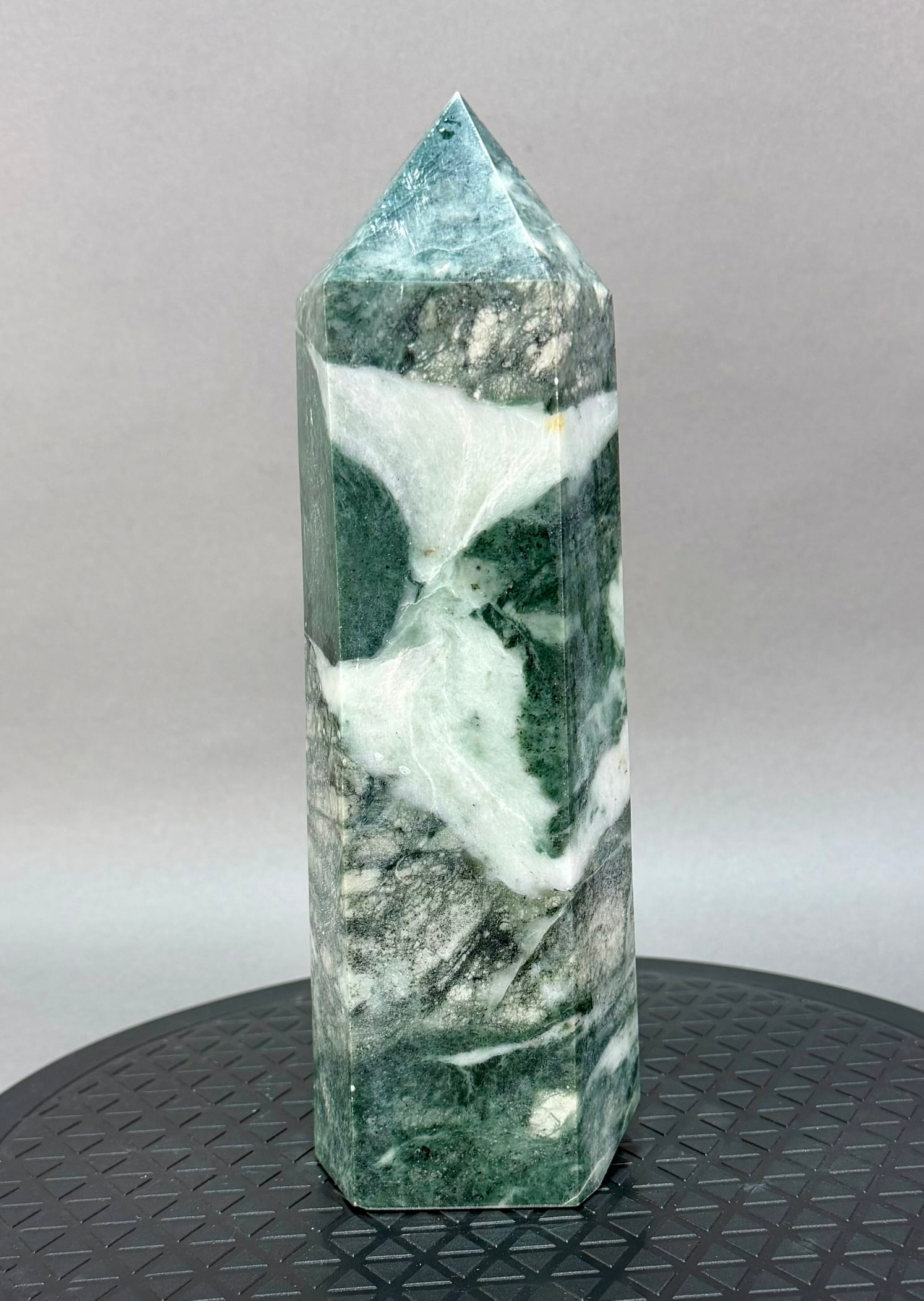 Green Jasper Obelisk: Green Jasper obelisk from India. 9.75" x 3.25" x 2.75". 5 lb, 9 ounces.
