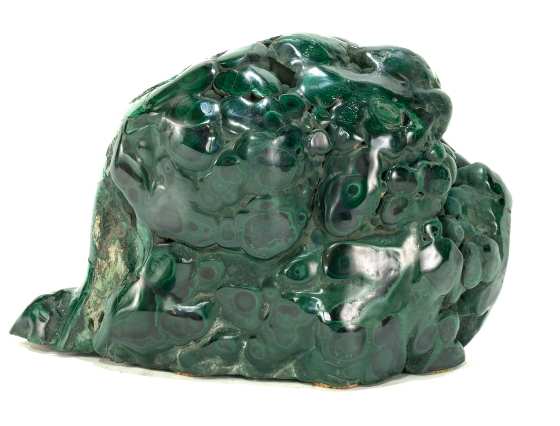 Polished Bullseye Malachite Specimen With Cut Base: Large polished bullseye malachite specimen from the DR Congo. Underside was cemented and painted. 5.5" x 8.5" x 3.75". 8 lbs, 7 oz.