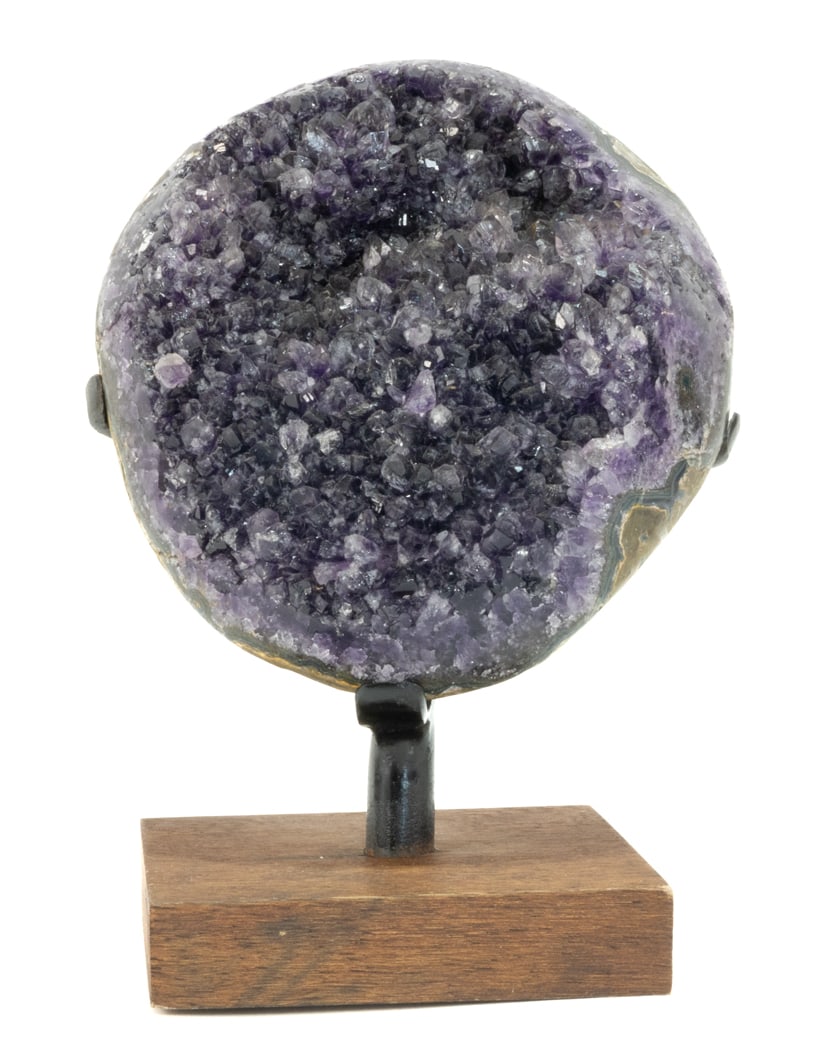Uruguayan Amethyst Cluster on Wood Stand: High quality Uruguayan amethyst cluster on custom wood stand. 9.5" x 6" x 5". 8 lbs, 4 oz.