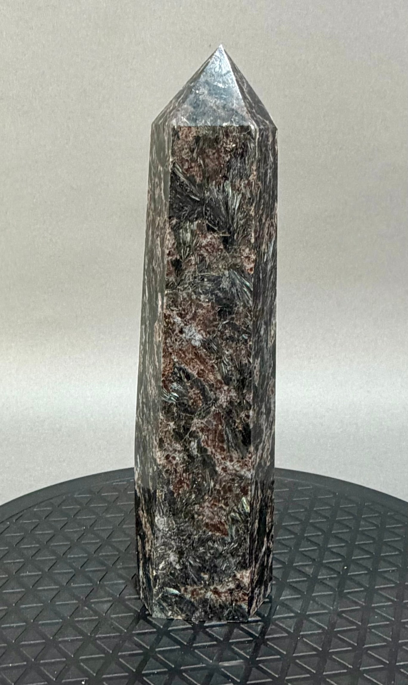 Arfvedsonite Obelisk: Arfvedsonite obelisk from Russia. 9.75" x 2.75" x 2.25". 4 lb, 2 ounces.