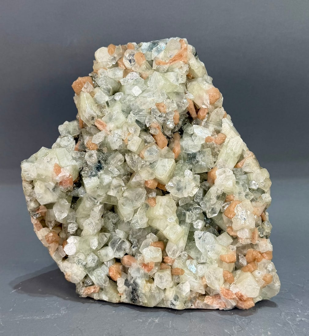Large Apophyllite and Stilbite Formation: Large green and clear apophyllite and stilbite plate from Maharashtra, India. 11" x 11" x 4.5". 21 lb, 10 ounces.