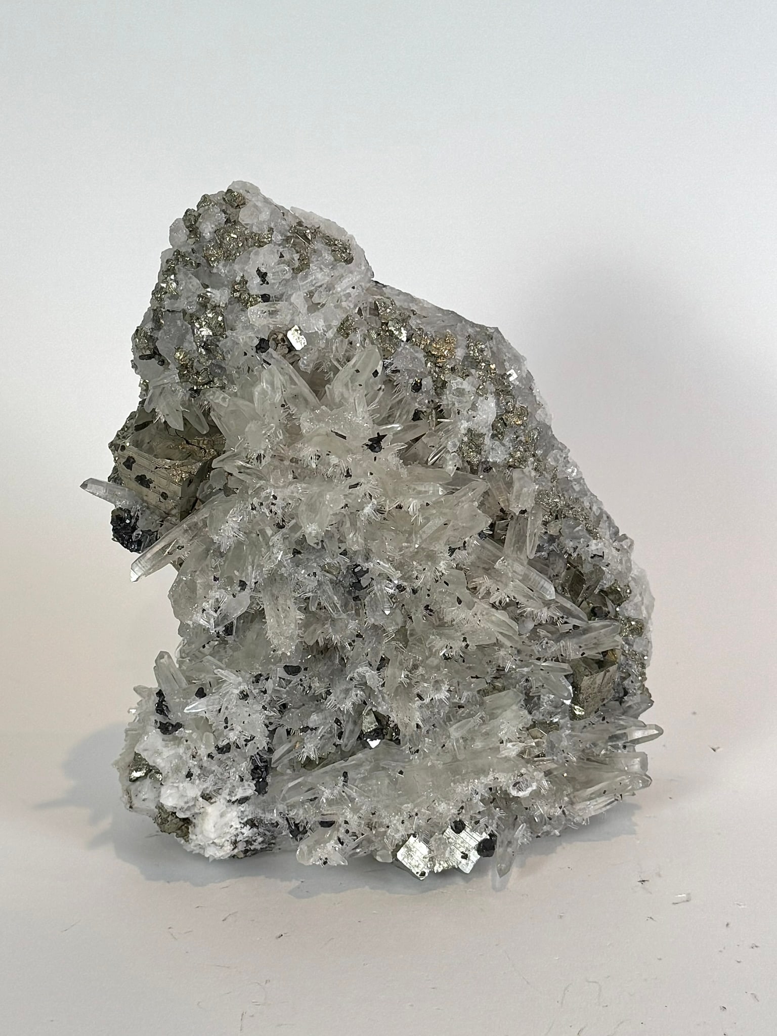 Cubic Pyrite and Quartz Cluster Plate: Cubic pyrite and quartz in rarely found plate form from Peru. 7” x 6” x 3”. 5 lbs, 5 oz.