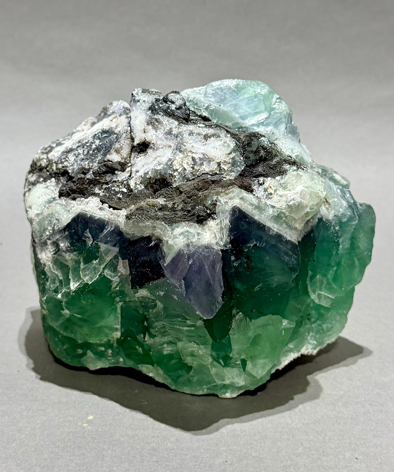 Large Green and Purple Fluorite Formation: Large green and purple fluorite formation from Mexico. 7" x 6.5" x 5.5". 10 lbs, 5 oz.
