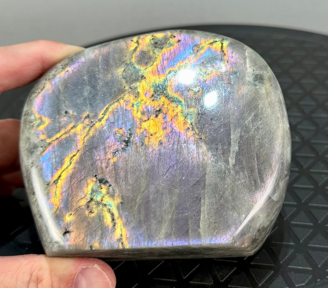 Polished Purple Labradorite Freeform: Polished purple labradorite freeform from Madagascar. 3.75” x 4.5" x 1.75". 2 lbs, 8 oz.
