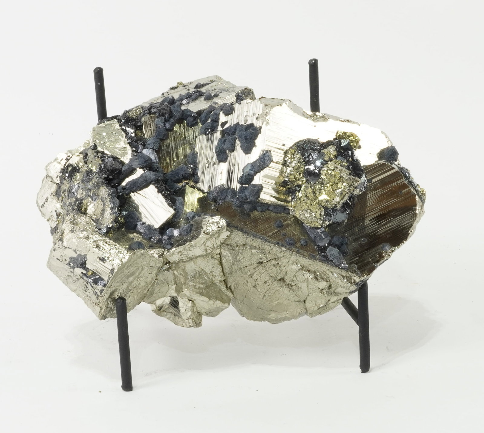 Cubic Pyrite, Sphalerite and Chalcopyrite Formation: Incredible cubic pyrite, sphalerite and chalcopyrite formation from the Huanzala Mine in Ancash, Peru. 6" x 6.5" x 3.5". 6 lbs, 12 oz.