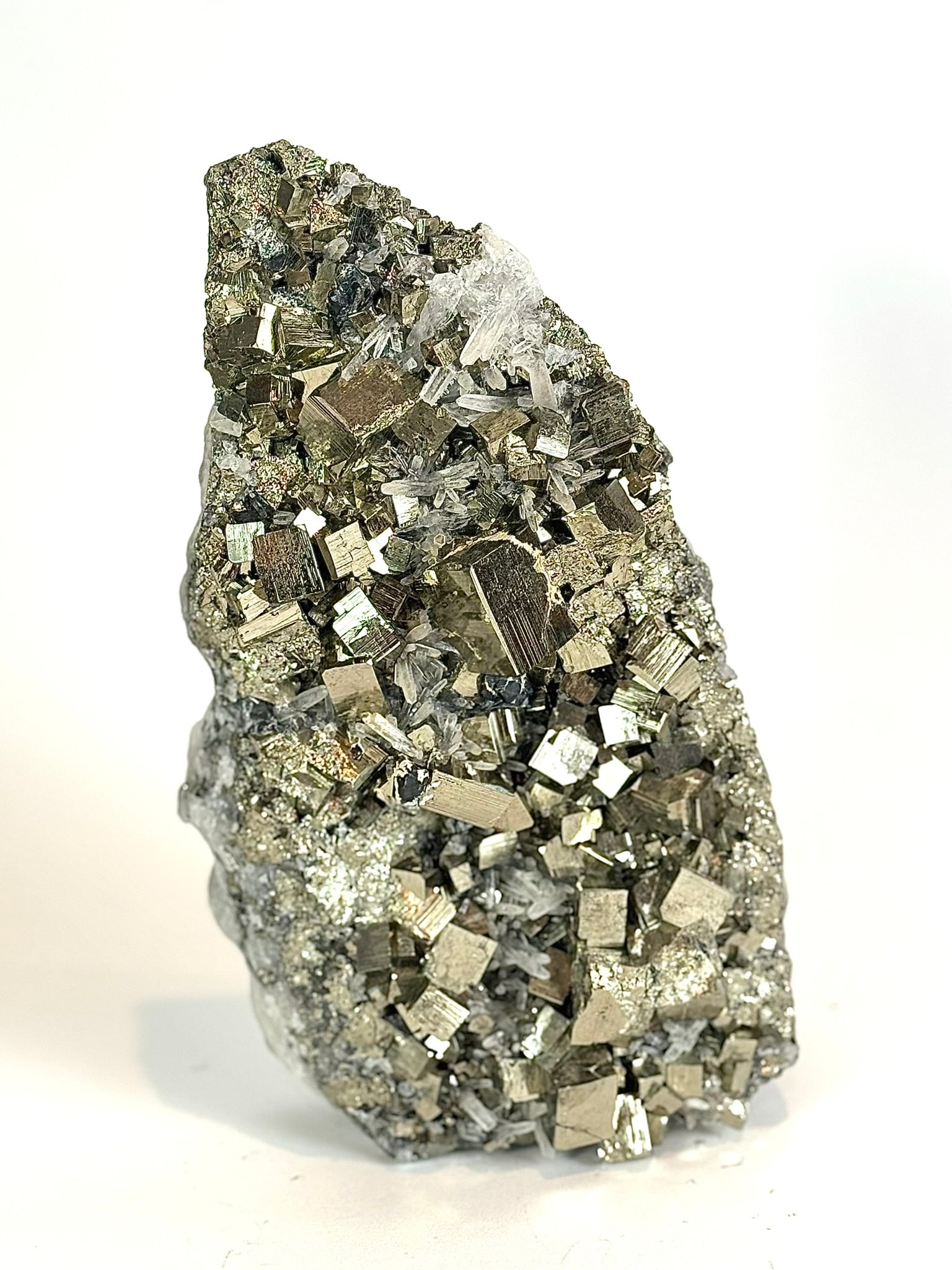 Cubic Pyrite and Quartz Formation: Cubic pyrite and quartz formation from Peru. 9.5” x 5.5” x 3.5”. 7 lbs, 8 oz.