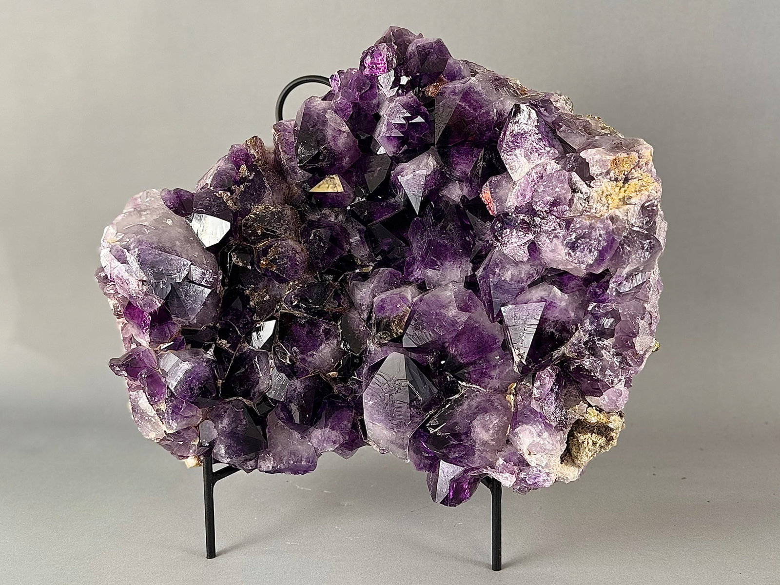 Large Amethyst Cluster Plate: Large, dark amethyst cluster plate with large crystals from Brazil. 12" x 14" x 6". 34 lbs, 3 oz.
