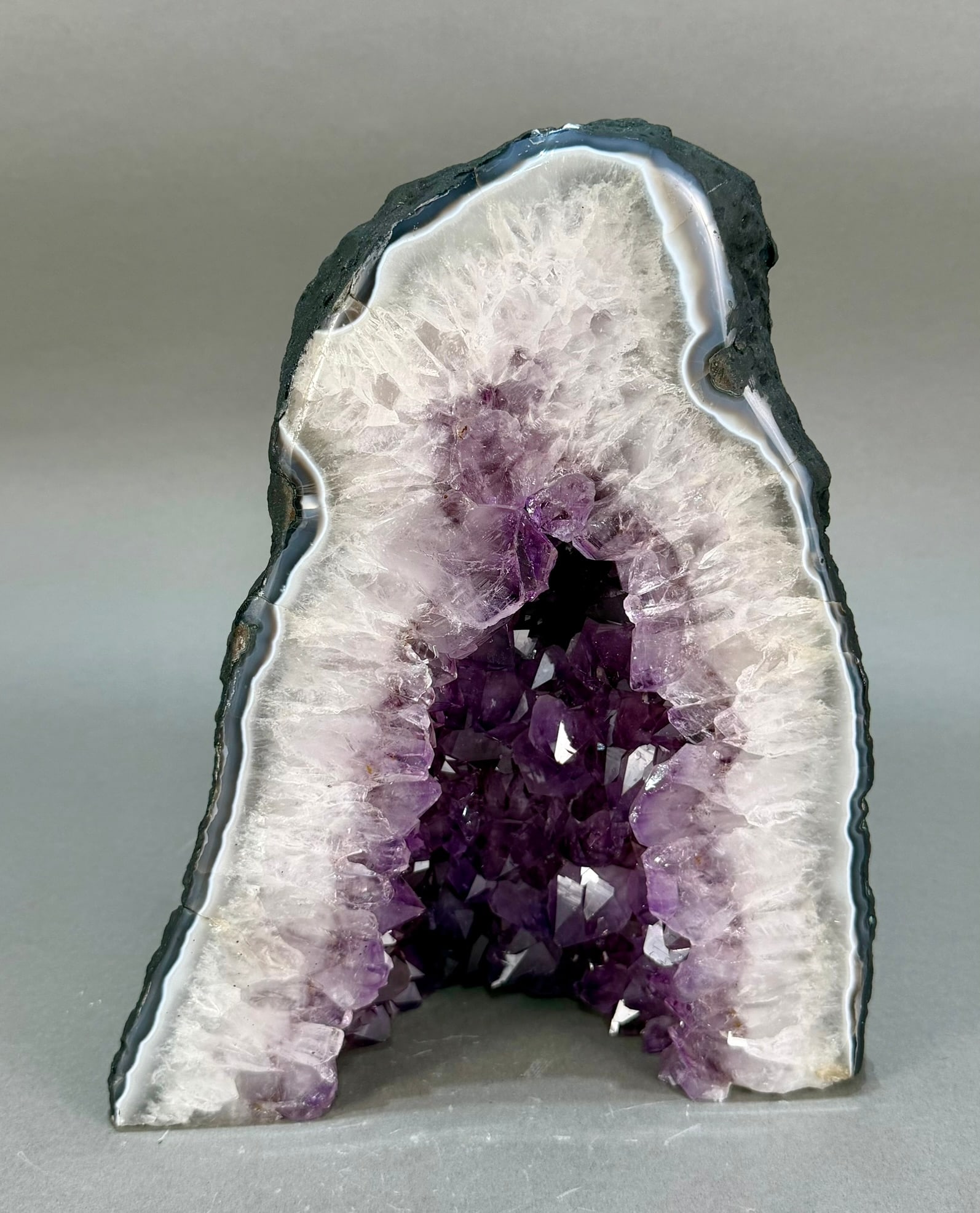 Amethyst Cathedral Geode: Beautiful amethyst cathedral geode from Brazil. 11” x 9.25” x 6.5”. 24 lb, 12 ounces.