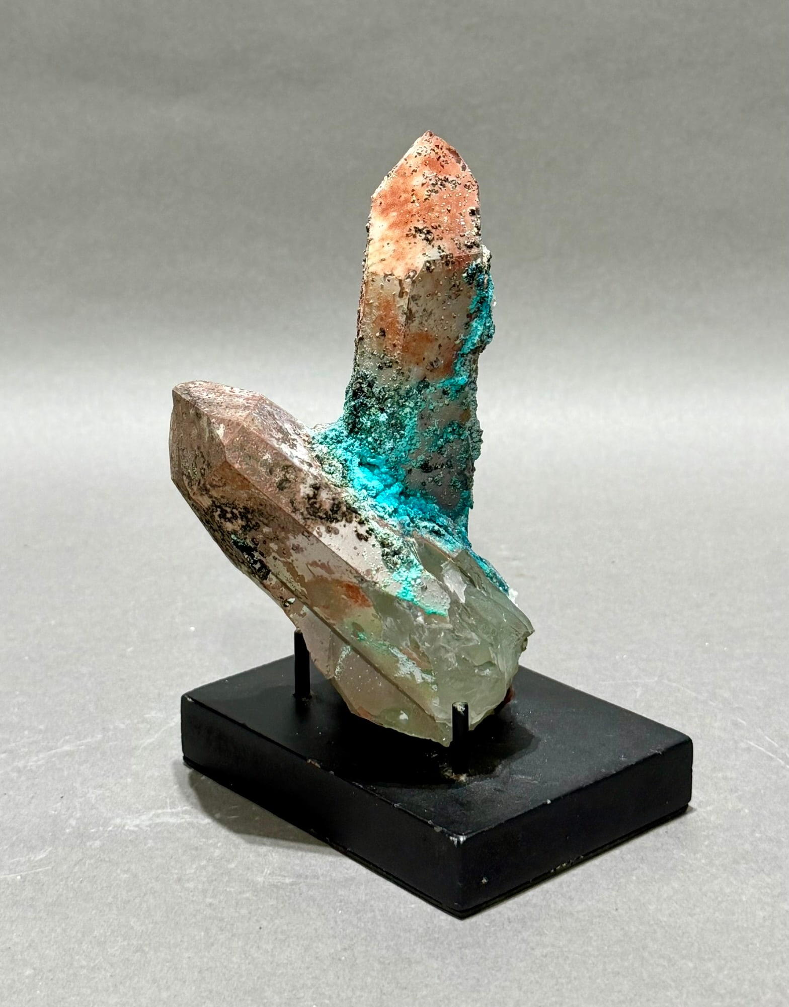 Rare Chrysocolla and Quartz Formation: Rare chrysocolla, hematite, and quartz formation from the Tentadora Mine in Peru. 6" x 3" x 4". 1.26 pounds.