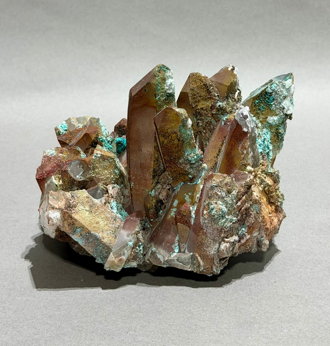 Rare Chrysocolla, Hematite and Quartz Formation: Rare chrysocolla, hematite, and quartz formation from the Tentadora Mine in Peru. 5" x 6" x 5". 3.62 pounds.