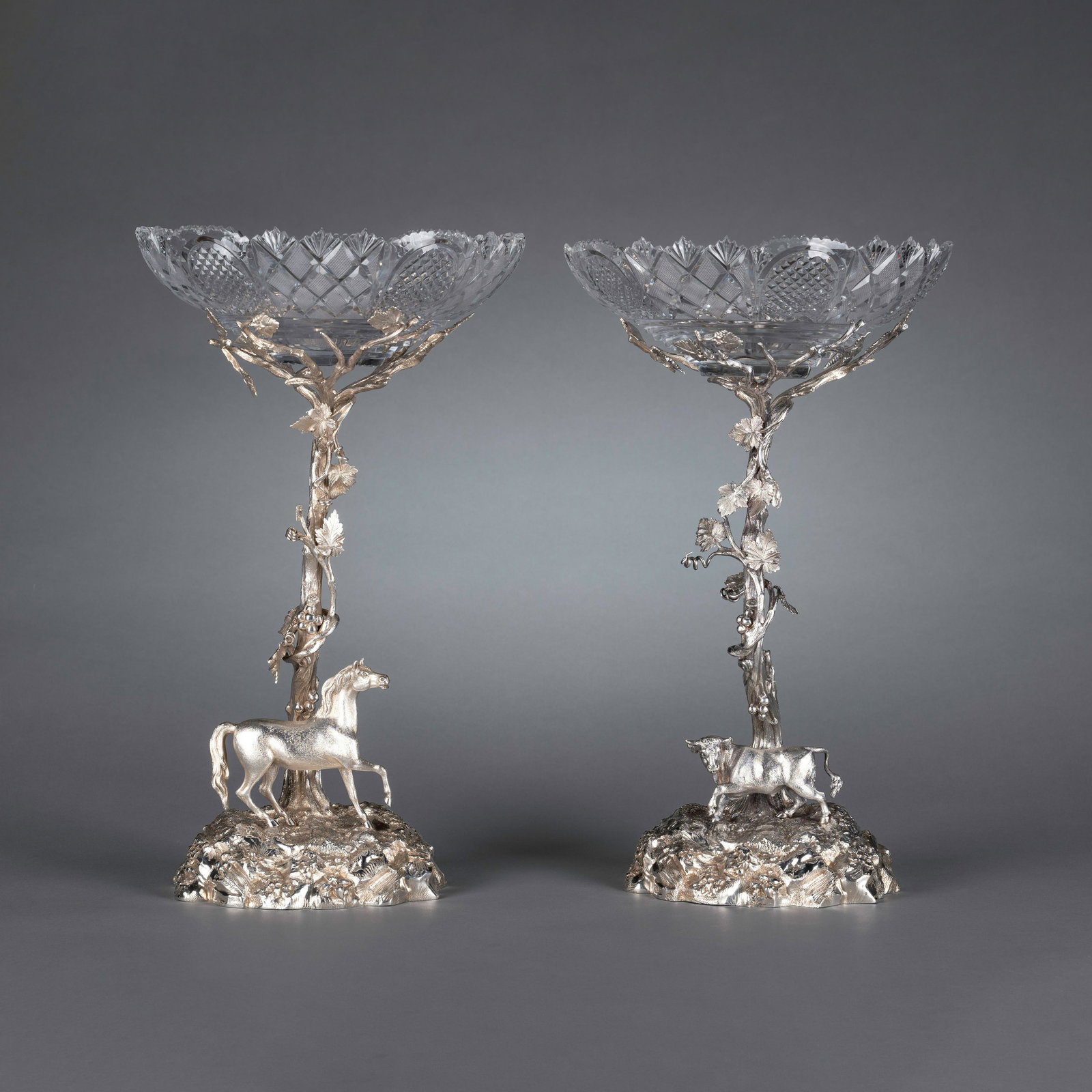 Elkington, Mason, & Co. Pair of Centrepieces: Lot Updates Crystal bowls may be removed and packed and/or shipped separately. Year: 1854 Description: 18.5 x 11 x 11 in. each Stunning and well-preserved pair of mid-19th century centrepieces by Elki
