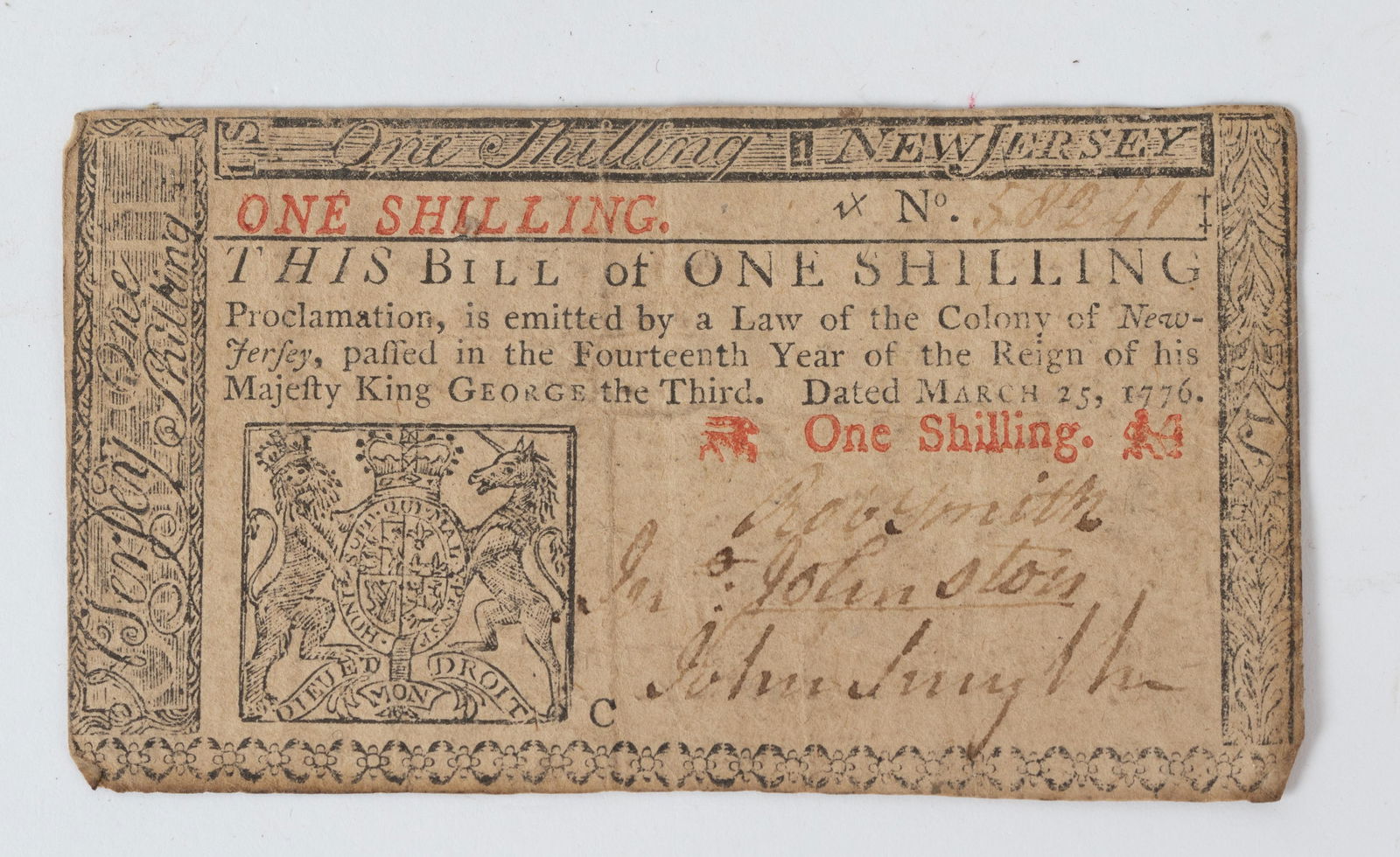 Revolutionary War New Jersey 1776 One Shilling Note.: Currency issued on March 25th 1776 by Isaac Collins No# 58241 signed by Robert Smith, Jon Johnston, and John Smyth. Please refer to the photos for the condition of the note. Has minor gum glue at two
