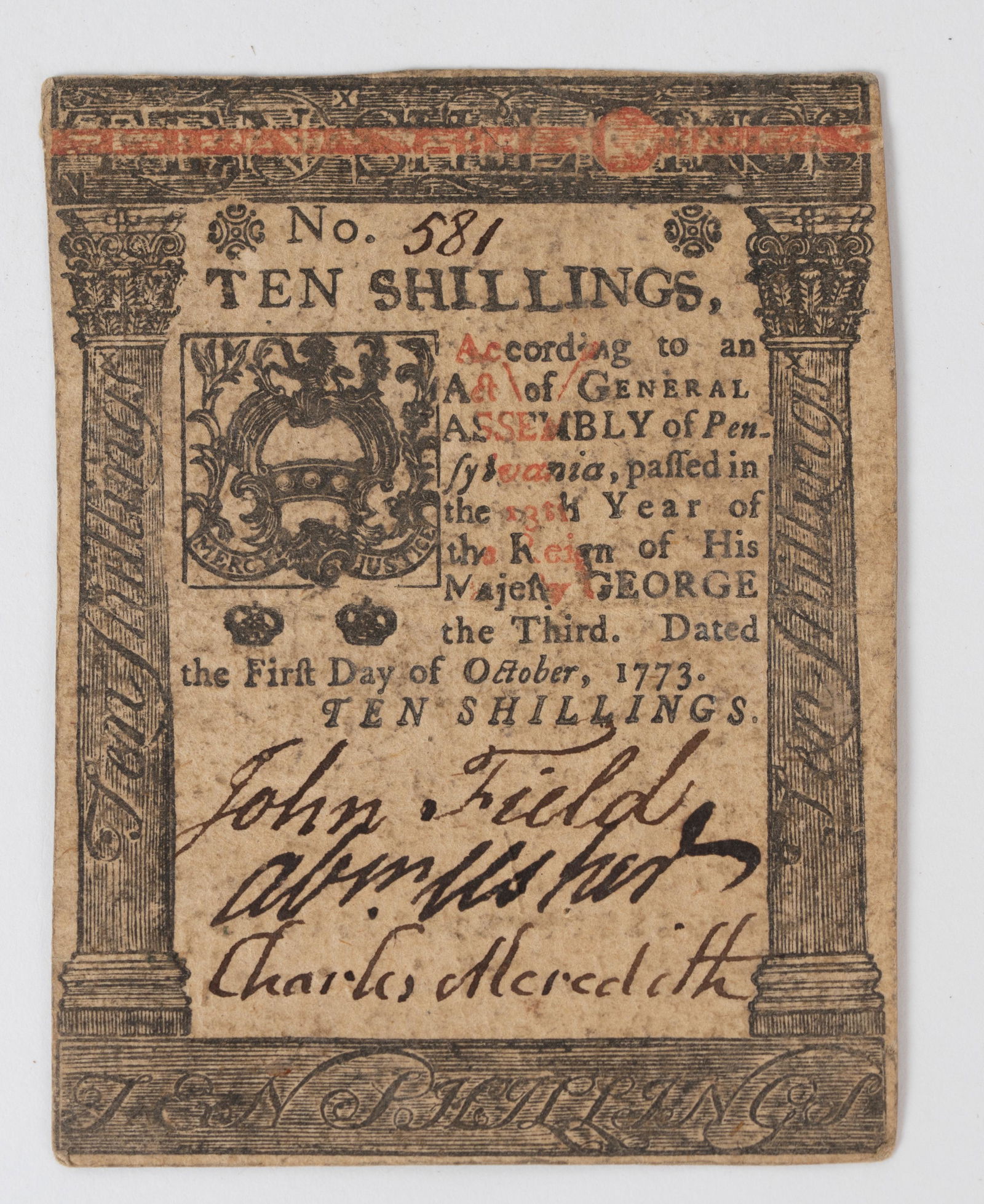 Colonial Pennsylvania Currency 1773 Ten Shillings Note. (1 of 2)