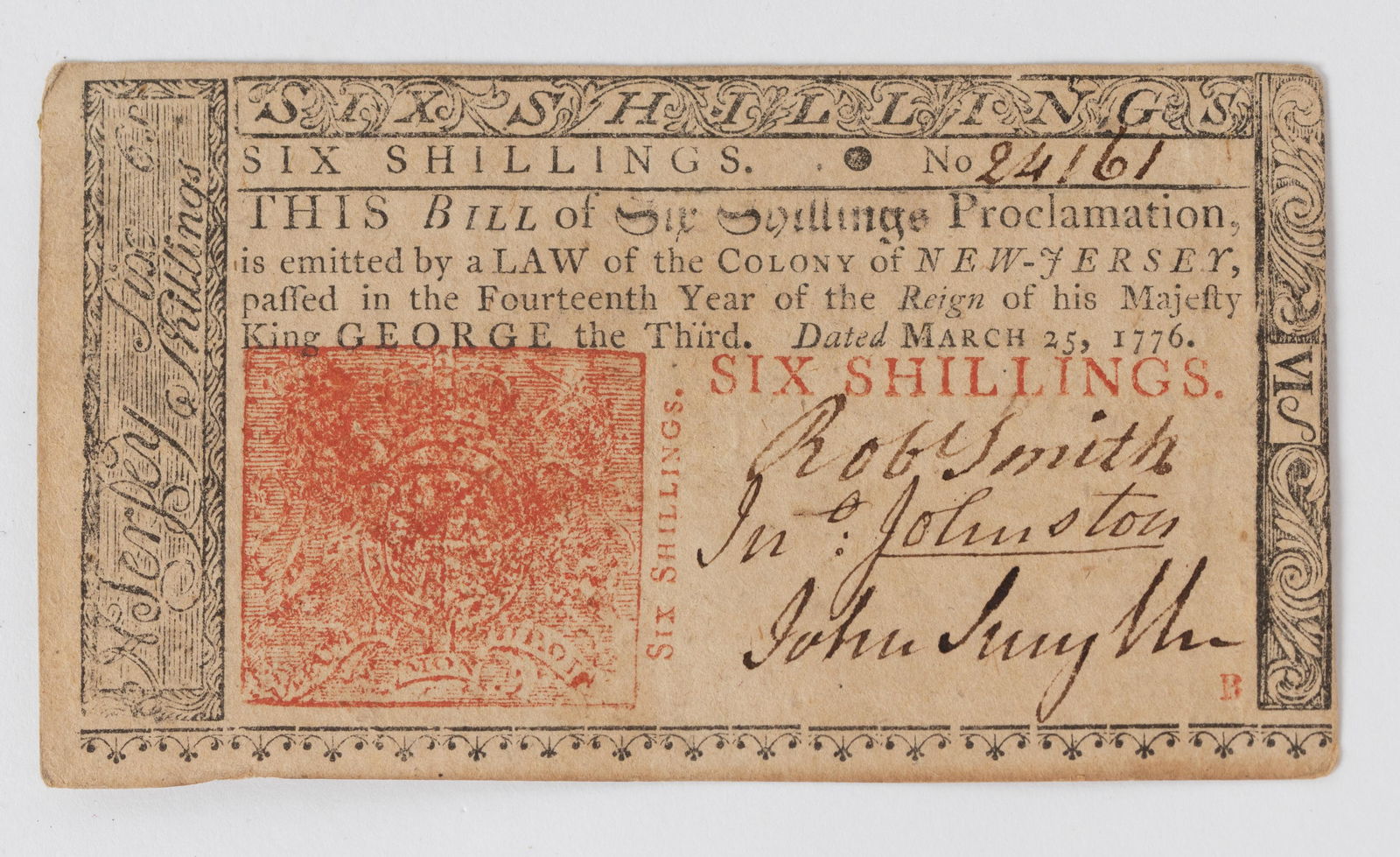Revolutionary War New Jersey 1776 Six Shillings Note.: Currency issued on March 25th 1776 by Isaac Collins No# 24161 signed by Robert Smith, Jon Johnston, and John Smyth. Please refer to the photos for the condition of the note. Has minor gum glue at two