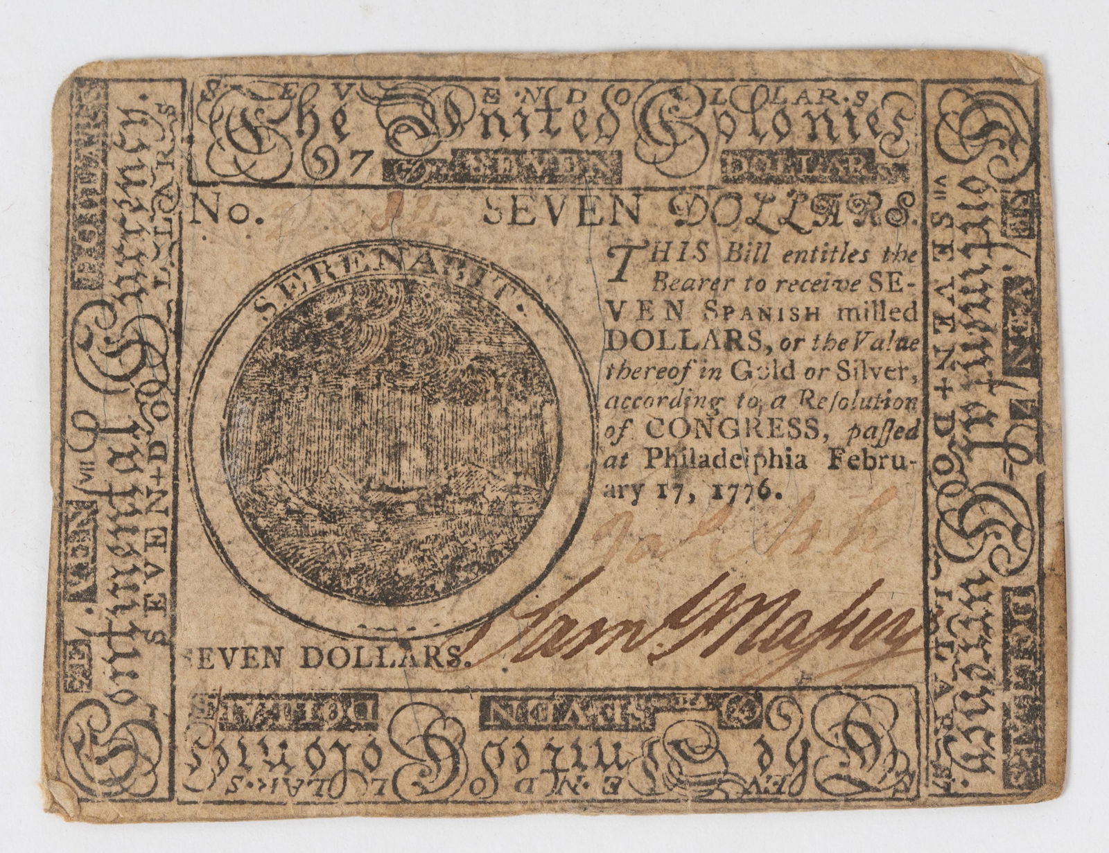 Revolutionary War Continental 1776 Seven Dollars Note. (1 of 2)