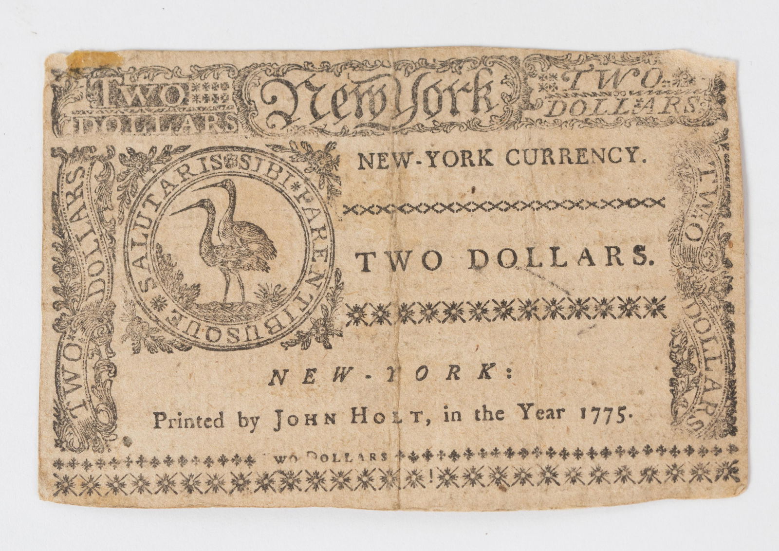 Revolutionary War New York 1775 Two Dollars Note.: Currency issued on September 2nd 1775 by John Holt No# 1763 signed by William Denning. Please refer to the photos for the condition of the note. Has minor gum glue on both sides and two areas at the r