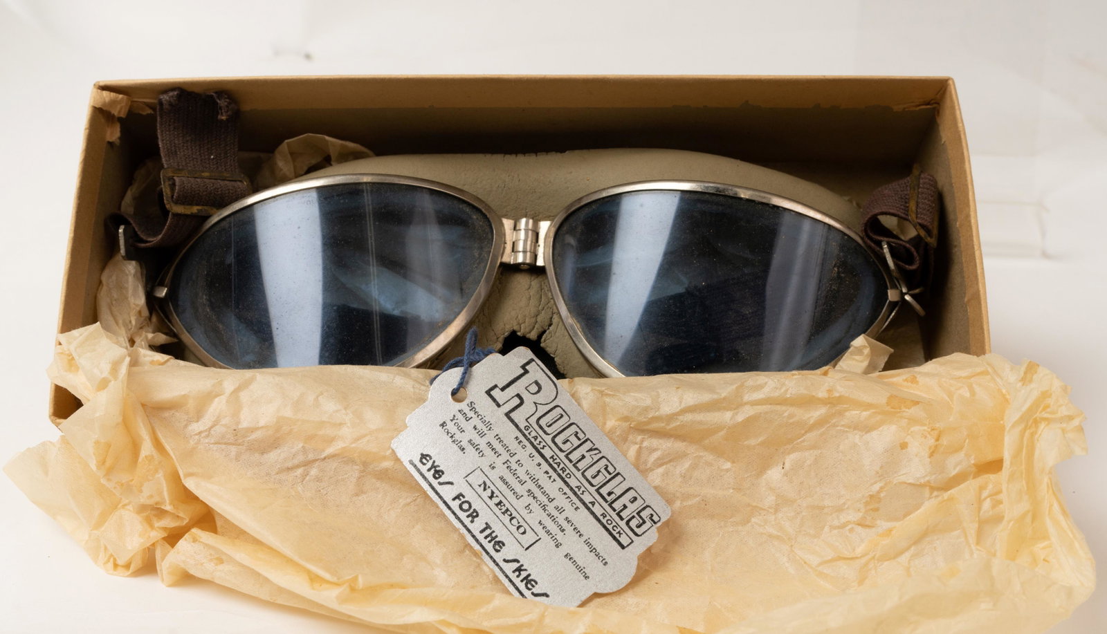 1940s Era Seesall Goggles with Original Box.: These are the "Eyes for the Skies" as printed on the box. Used for both motorcycles and pilots. Neat Blue color lenses. Made by the Beck Company. Rubber is dried and starting to crack with loss at edg