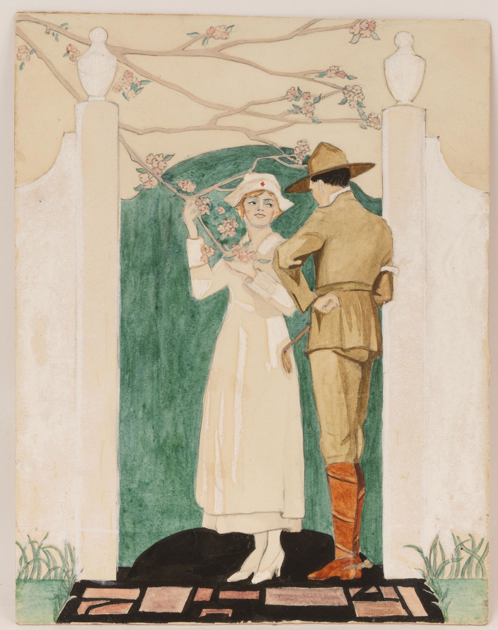 WWI Painting of a Soldier with Nurse. (1 of 2)