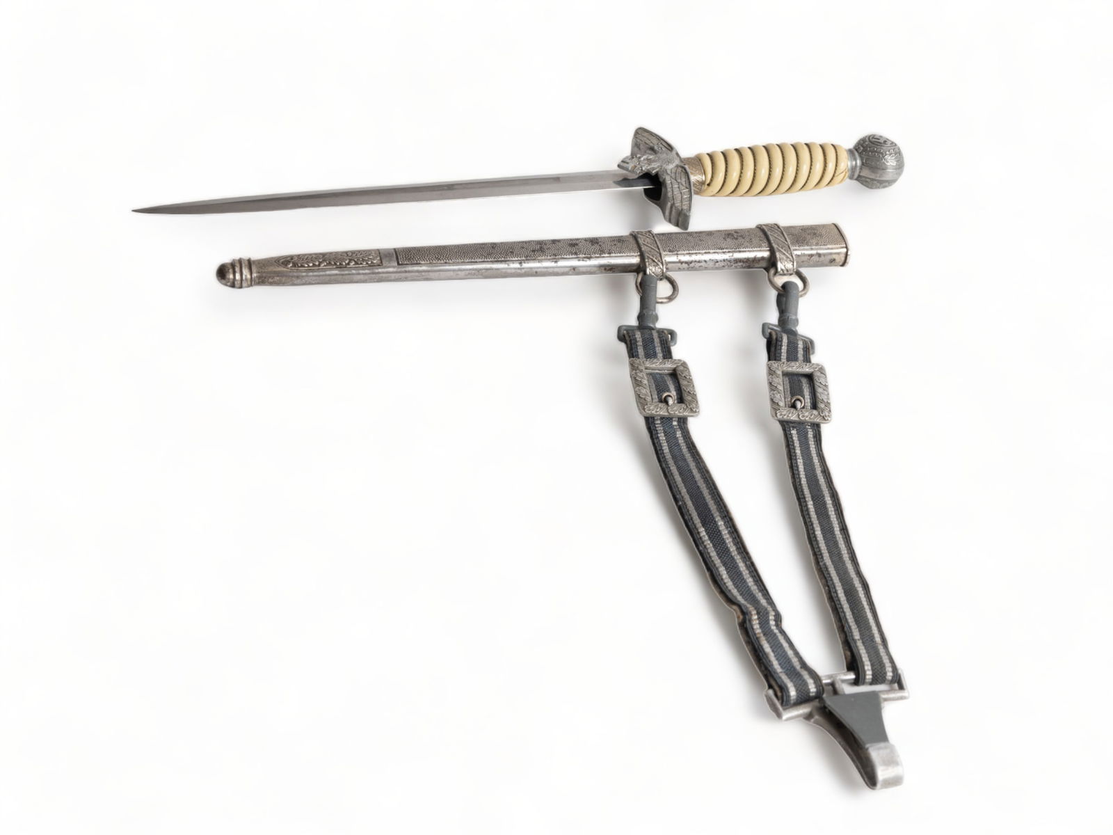 WWII German Luftwaffe 2nd Pattern Dagger.: A high quality Tiger made nickel steel scabbard dress version dagger. Retains the original dark Grey fabric and aluminum bullion belt hanger with zinc hangers and fittings. Nice condition 10" blade is