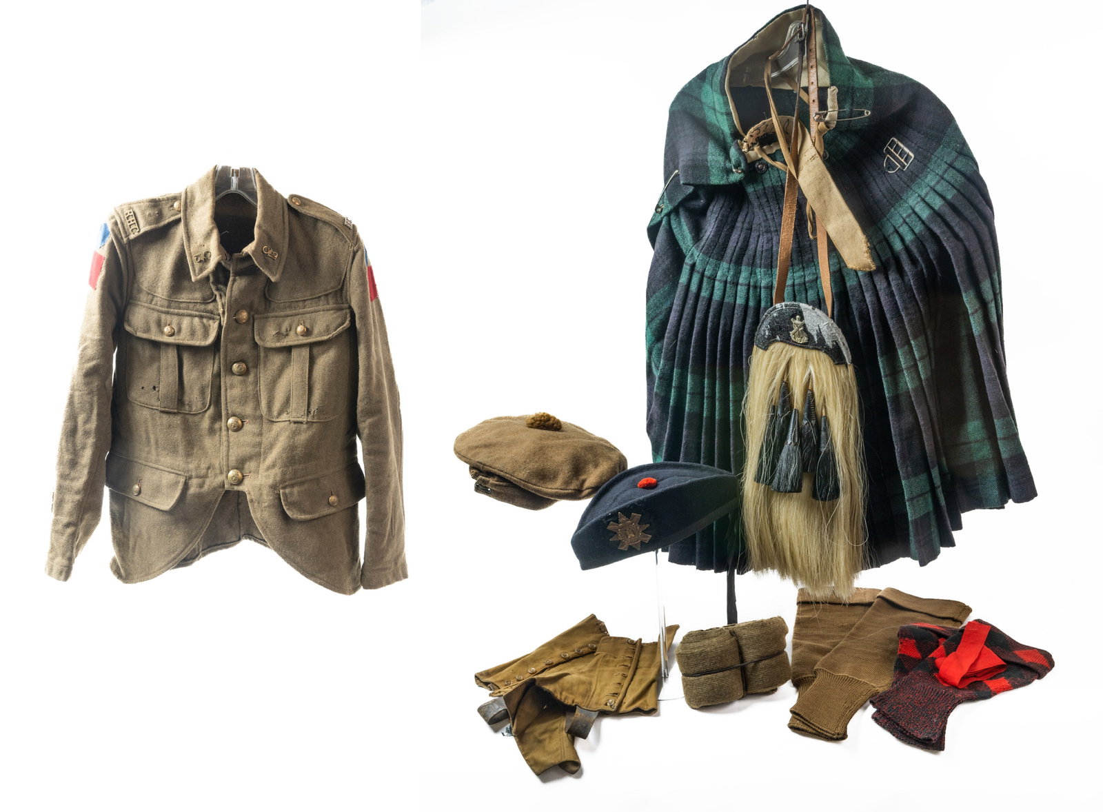 Rare WWI Black Watch I'D Complete Uniform.: A Royal Canadian World War I Highland uniform identified to Sergeant David Gillespie #3082654 who was born in 1896 in Scotland and had relatives in Andover Mass. He was in the 13th Battalion of the Bl