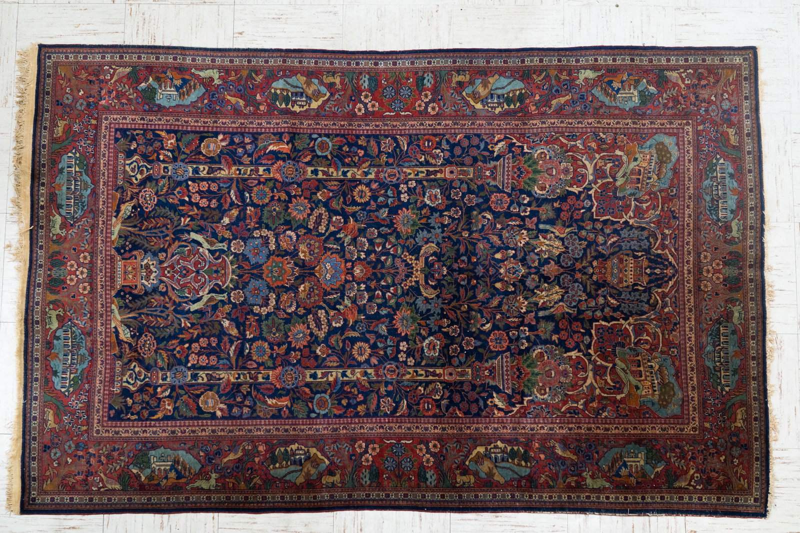 Antique Persian Silk Pictorial Prayer Rug 6'-9"x4'-2".: A nice carpet with a Buildings, Birds, Deer, Rabbits and other scenes. Measures 81" x 50" Some fringe and edge wear. A very tight weave appears to be handmade. Please ask any questions before bidding.