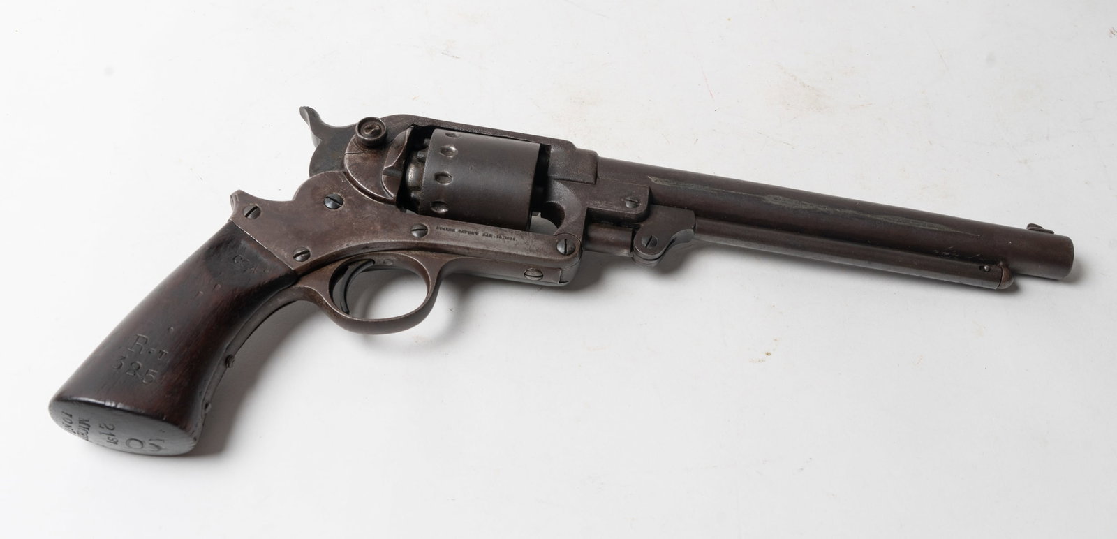 Civil War Michigan Marked S/A Starr Revolver.: This Starr single action six shot cap and ball has an early issue ser #24483 on cyl. and #24483 on BBL at frame plunger with a .44 cal 8" BBL. L/S frame stamped "STARR ARMS Co. NEW YORK" and the R/S f