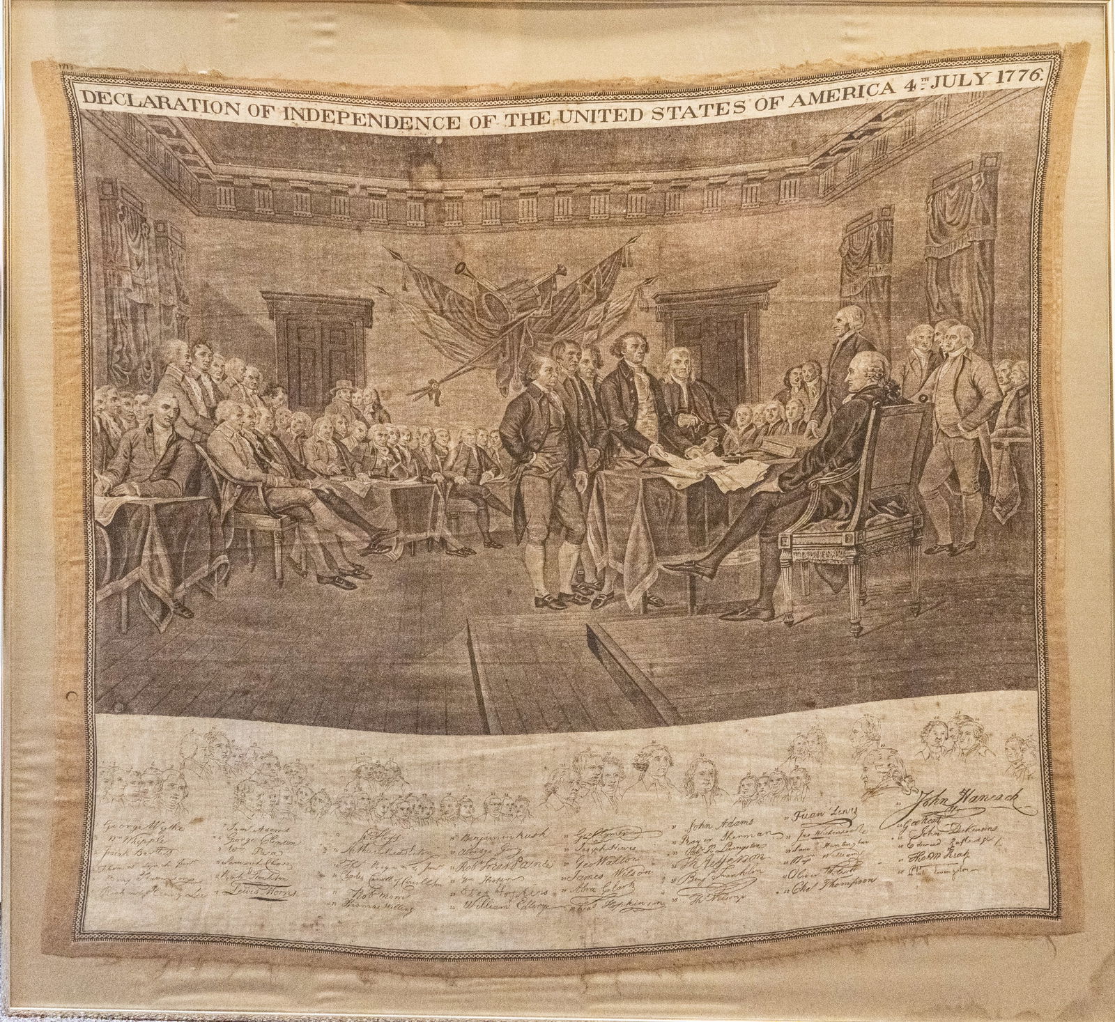 19th-C Print on Fabric of 1776 Declaration Signing.: A large iconic antique Revolutionary War image that is a framed under glass and being the version of the John Trumbull painting with the signers during the drafting of the Declaration of Independence