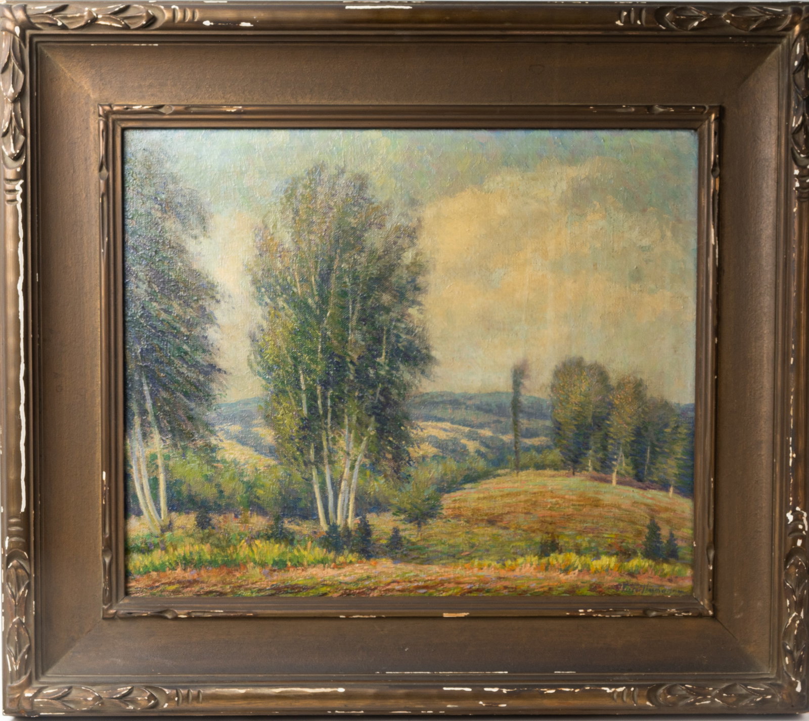 Landscape Painting Exhibited and Signed Humann.: A nicely executed antique oil on canvas signed "O Victor Humann" on the R/S lwr corner, with a Worcester Art Museum exhibit label affixed to the rear frame titling the image as "The Birches - Woodstoc