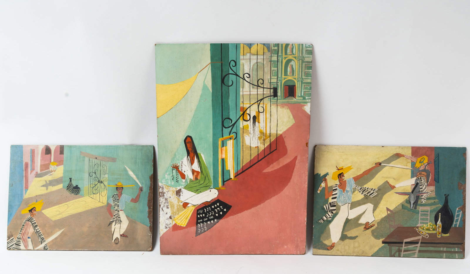 Lot of Three Mexican Style Abstract Paintings.: All are original mid century Oils on artist board and appear to be by the same artist and one is signed "W.K. Phinney 1951". Each has edge loss to paint and heavy grime. Large one measures 16" x 11-3/