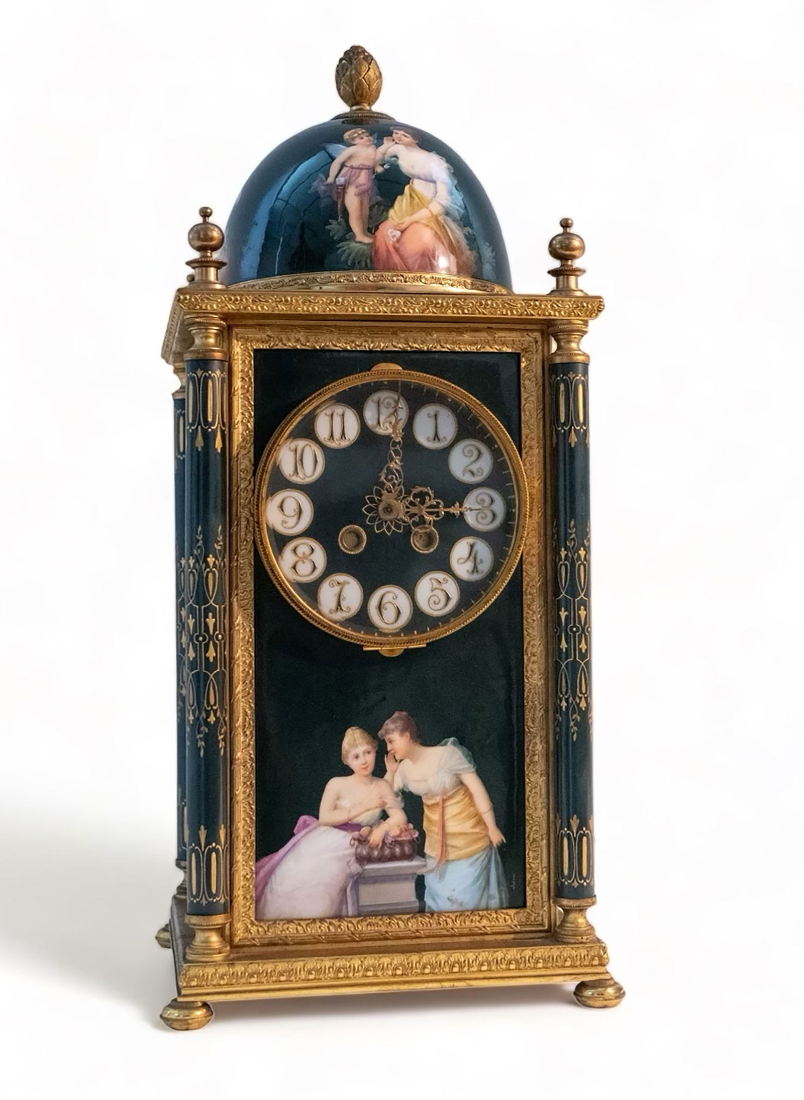 Antique Royal Vienna Clock Case W-Electric Works.: A stunningly beautiful hand painted Blue - Green glazed Royal Vienna enameled clock case that is signed "Johner" on the front R/S lwr corner, which was electrified with a vintage movement at some poin
