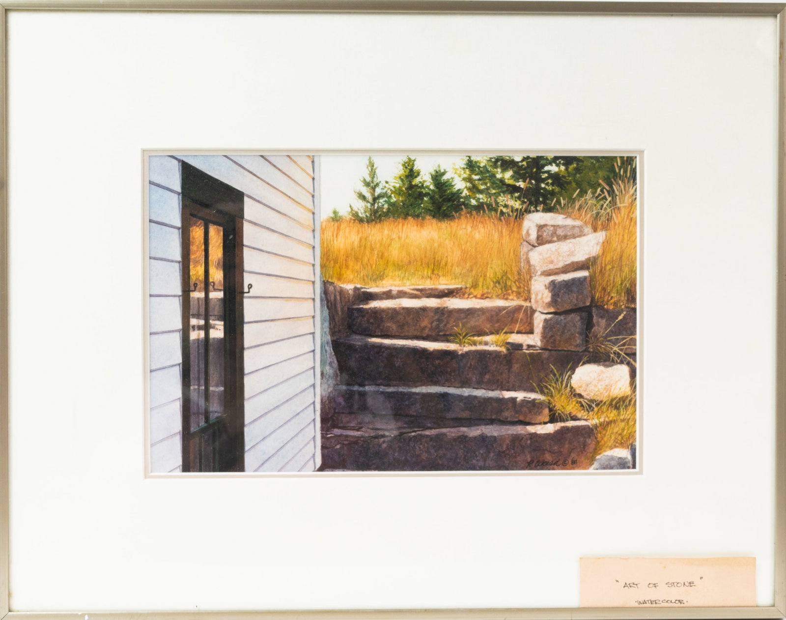 Photorealist painting Signed Randy Eckard.: Watercolor signed lwr R/S corner "R. Eckard 1988" with a copyright symbol. Title card inserted on front of frame "Art of Stone". A well known contemporary Maine artist. Sight measures 7-1/4" x 11-1/4"