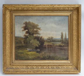 Antique Landscape Painting of a River Lock Scene.