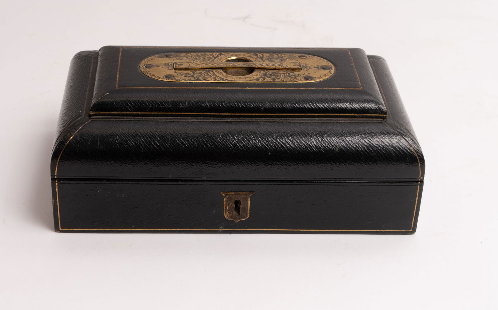 Antique Engraved Brass Fitted Decorated Leather Box. (1 of 12)