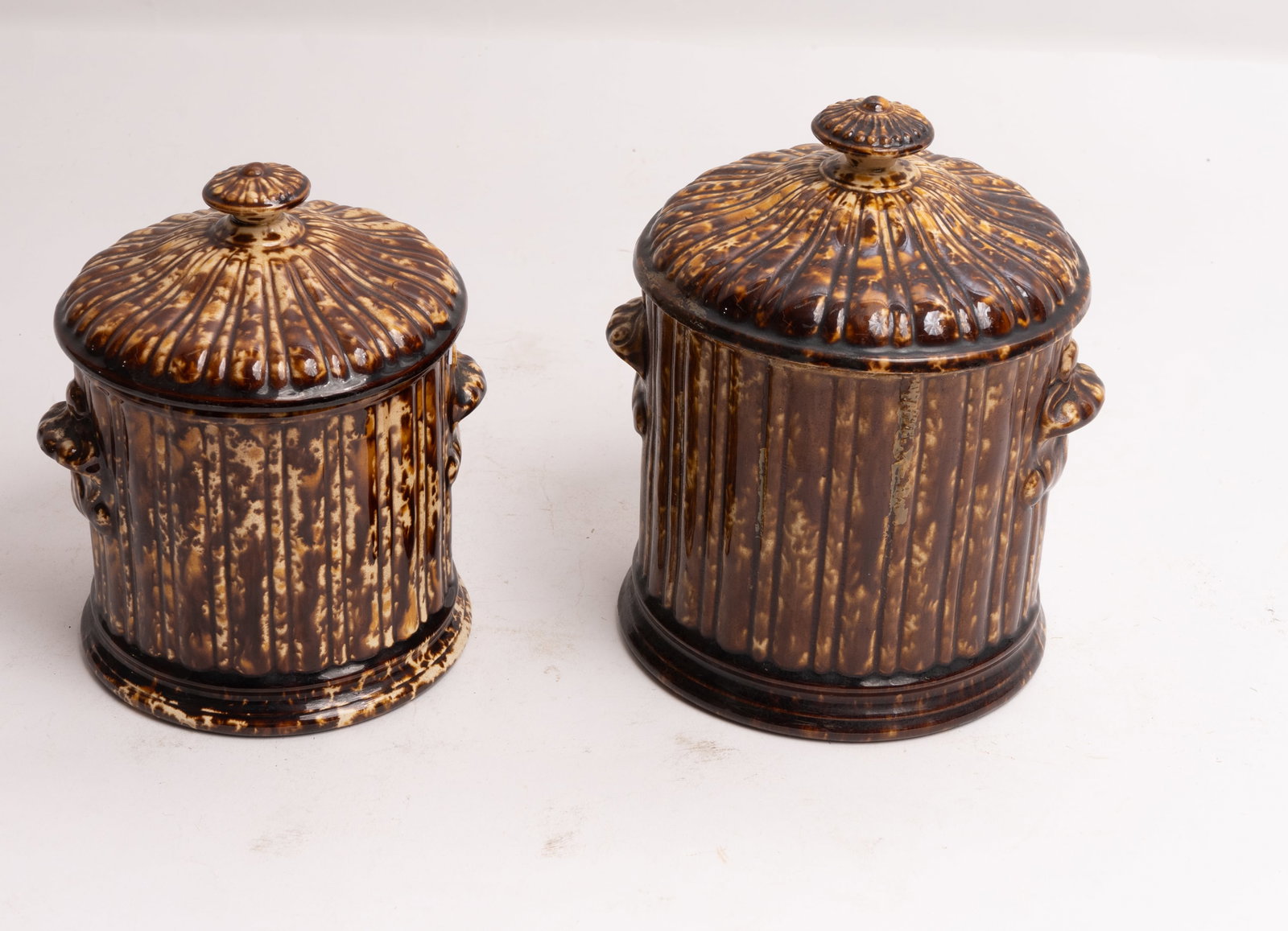 Pair of Graduated Antique Lidded Bennington 1849 Pattern Alternate Rib Canisters. (1 of 13)