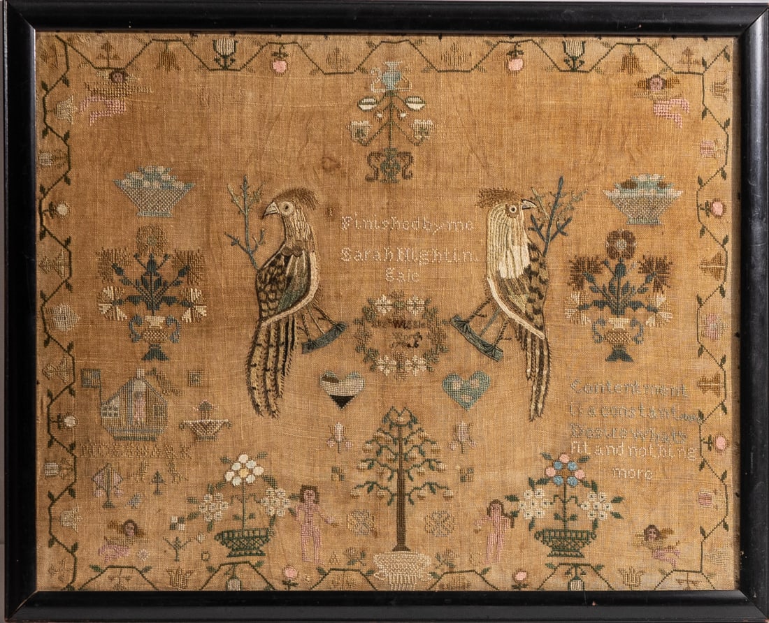 18th-C Adam and Eve Sampler Dated 1786. (1 of 3)