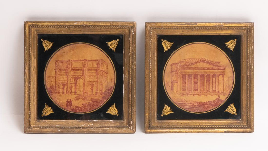 Pair of Antique Borghese Framed Architecture Scenes with Gilt Paint Glass. (1 of 2)