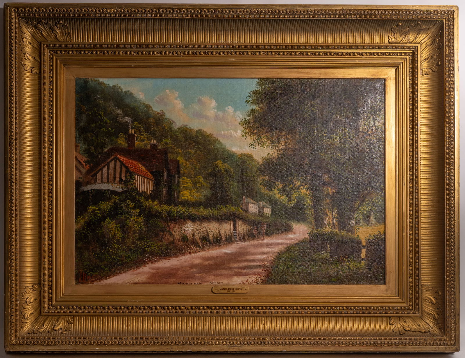 Large Painting Signed Lewis in 19th-C Fluted Cove Frame. (1 of 5)