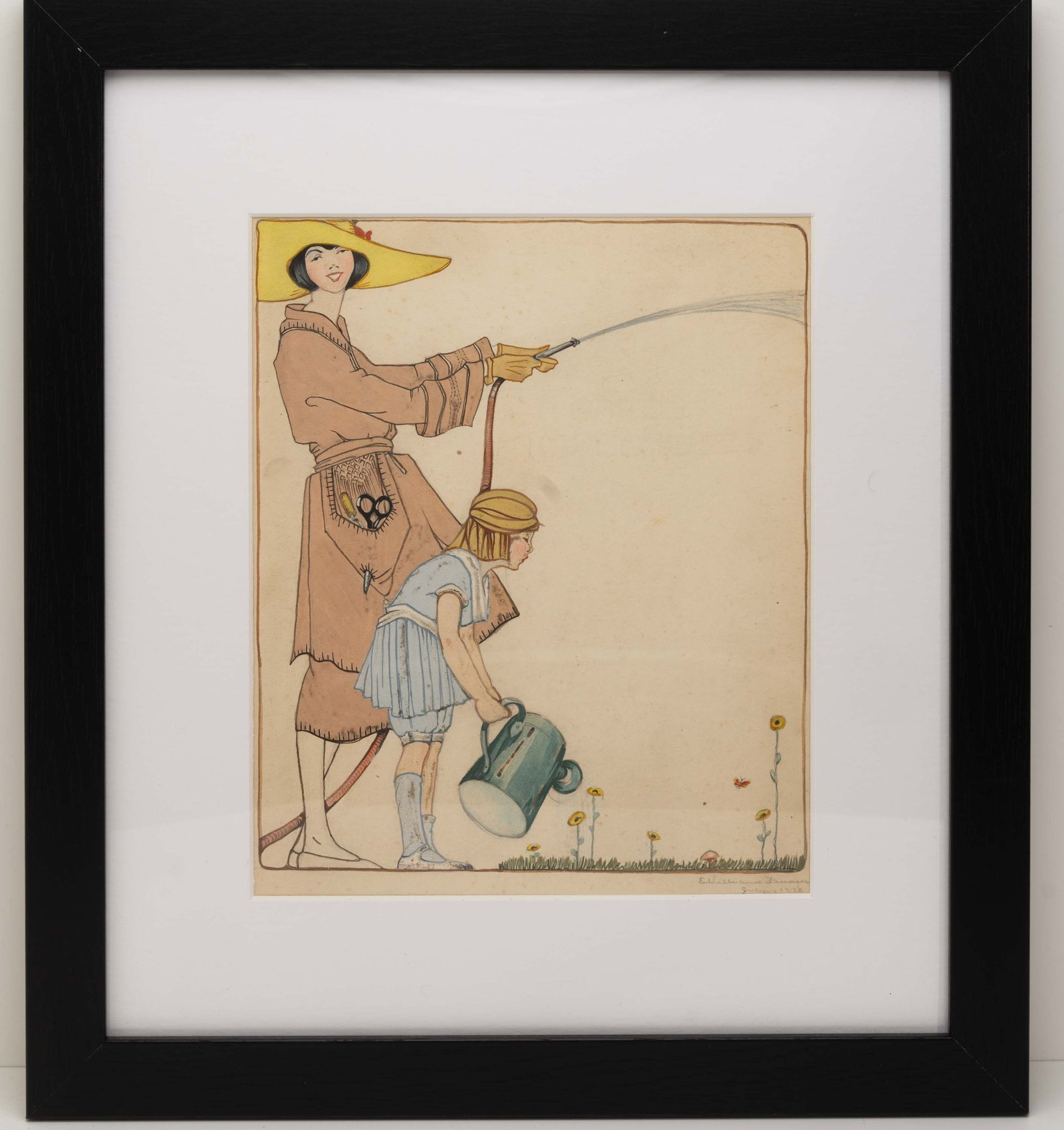 Original 1920 Dated Golden Age Illustration Art: Gouache on paper of a Lady and a Girl watering a garden, with a signature on the R/S lwr margin "E. Williams F?????? July 1920" Framed under UV plexiglass that measures 17-1/4" x 15-1/2" overall with