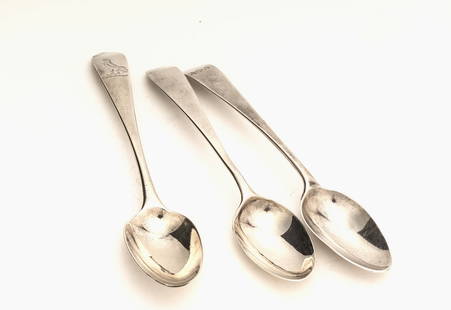 Grouping of Three 18th-C Hester Bateman Silver Spoons.: None match but all three have her "HB" mark with an "n" 1788 letter code. Each measure approx 5" long and have an approx total lot weight of 1.45 ozt.