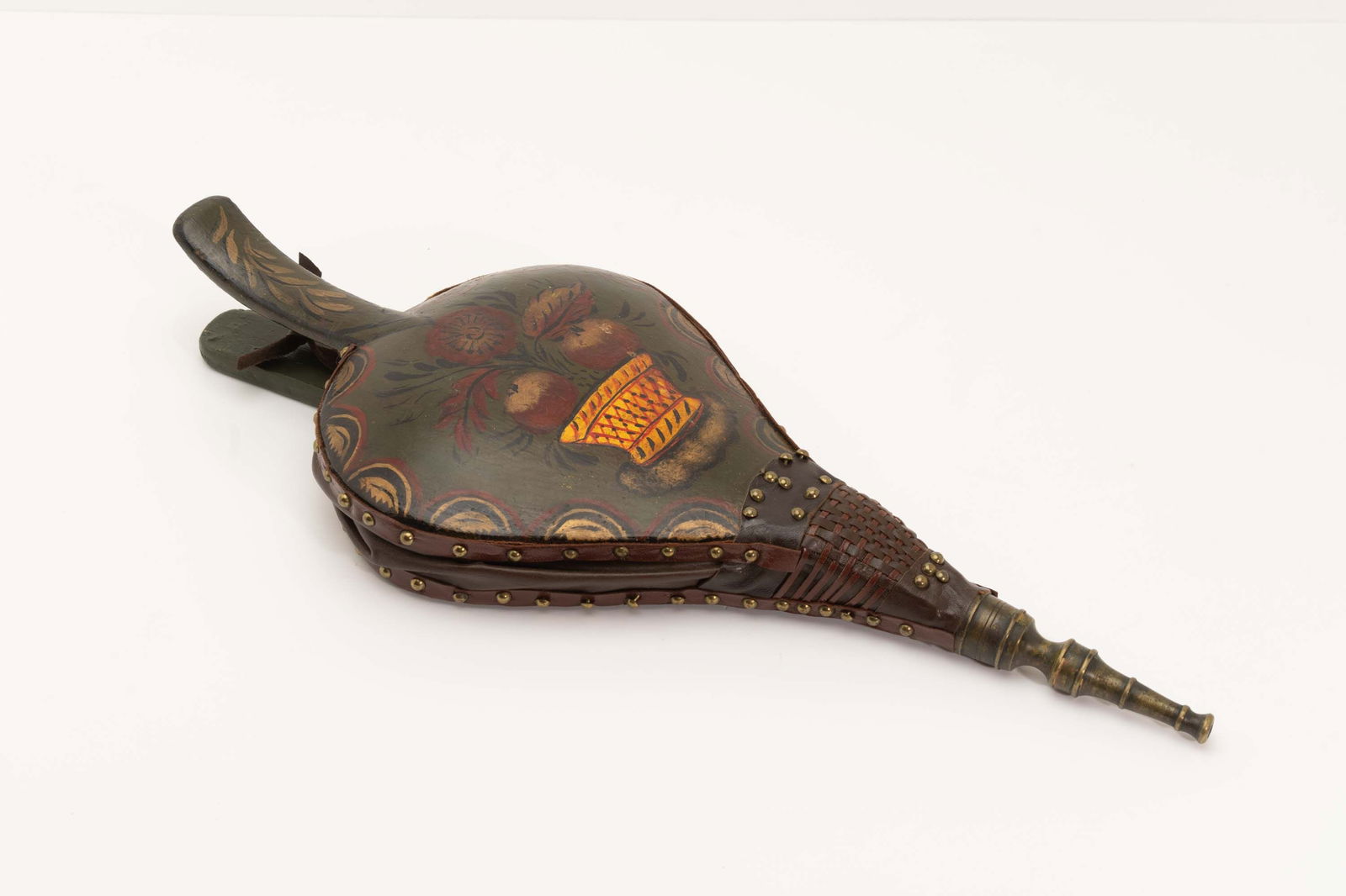 Antique 19th-C Rebuilt Bellows Painted Basket of Fruit.: Nicely restored paint and leather with new brass tacks. Operates well. Measures 7" wide x 18" long x 2-1/2" thick. Woodard collection.