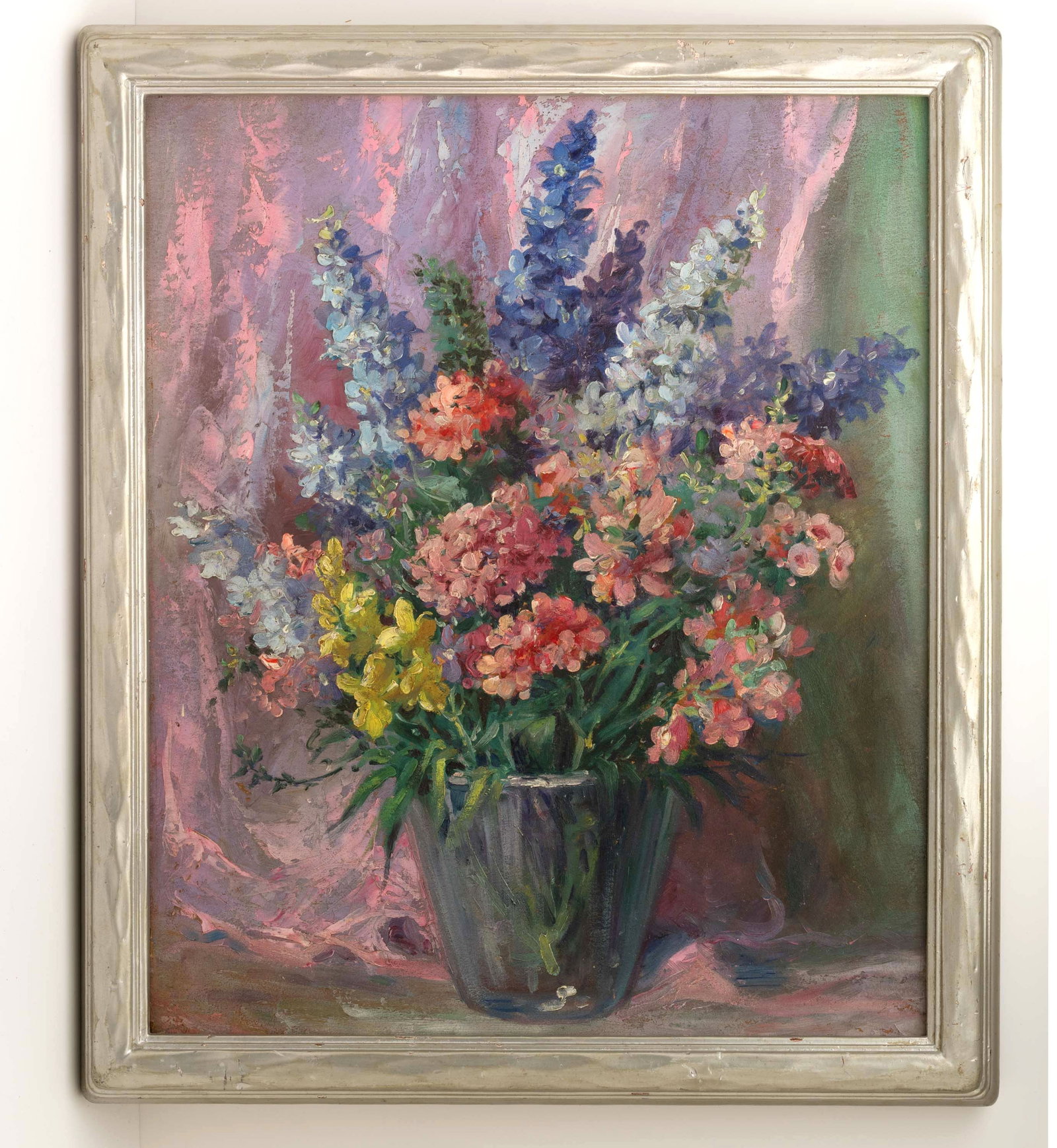 Original Still Life Painting of Flowers.: Oil on artist panel in an Arts & Crafts period frame. A nice impressionist painting that does not appear to be signed. Measures 25" x 21" 1-1/2" deep overall with frame. Some loss to the frame finish.