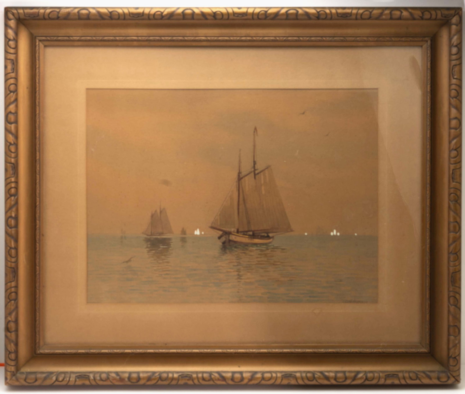 Original Ship Painting Signed D.A Fisher: Boats in a harbor view that is framed under glass and signed on the R/S lower corner "D.A. Fisher 1914" Both the mat and image are toned. Image measures 14" x 19" and overall with frame measures 24-1/
