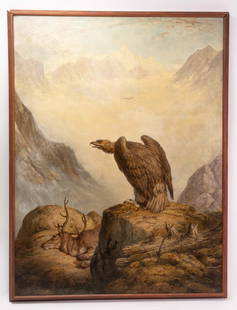 Large Antique Painting of Eagle in Mountains.: Impressive oil on canvas that appears to be unsigned, but in the manner of Joseph Wolf. This large painting was kept in a family estate and was purchased from them. A small 1/4" puncture repair at