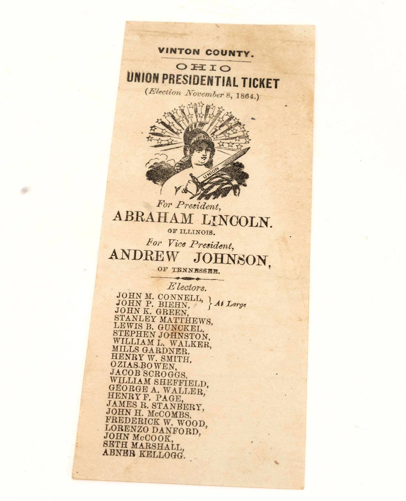 Original Civil War Presidential Lincoln Ticket.: Outstanding Abraham Lincoln and Andrew Johnson Ohio Union Presidential Ticket for election on November 8 1864. In very nice condition with minor toning and fold shadows. Hard to find in better conditi