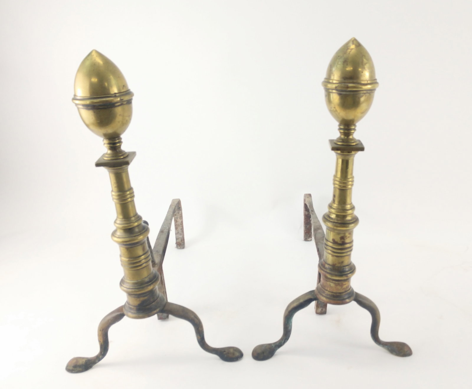 18th-C-19th-C Antique Boston Style Lemon Top Andirons.: Classic stepped ballister lemon top Boston style andirons. Heavy cast brass. No visible maker stamps observed. Woodard collection. They measure 11" wide x 17" deep x 18" high each. Dirt and grime from