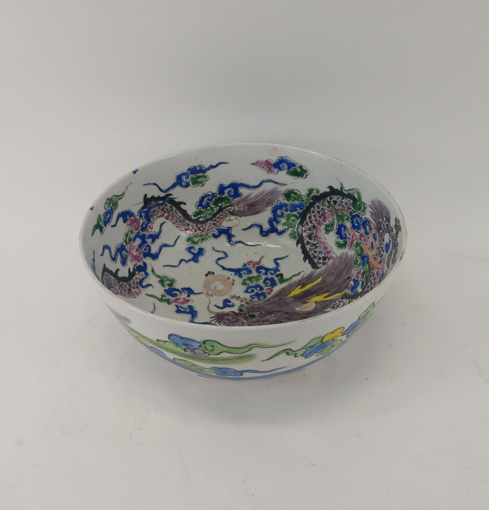 Large Chinese Bowl with Purple Dragon and Floral Design. (1 of 9)