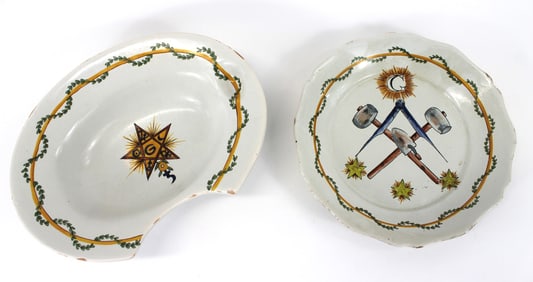 2PC Masonic Faience Shaving Bowl & Plate